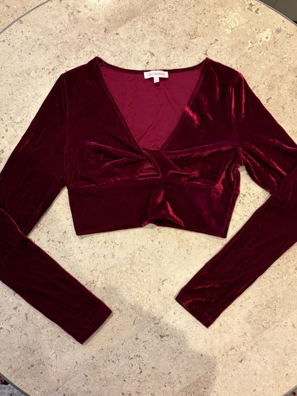 re:named Wine Red Velvet Twist-Front Crop Top